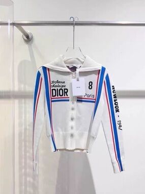 Dior White Knit Zip Jacket with Red & Blue Stripes